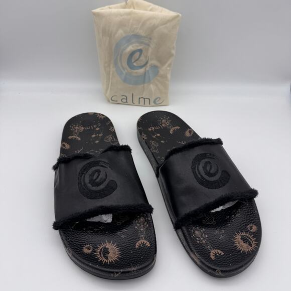 calme Shoes - Johnny Was CALME Slide Sandals Women Size 10 Astrology Leather Black Comfort NEW